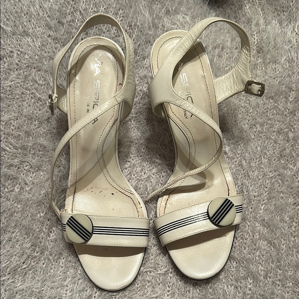 Via Spiga Cream Strappy Heels with Button Detail